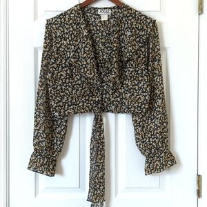 Joule Energy 80's Vintage Floral Button Down Tie Front Cropped Blouse Black M